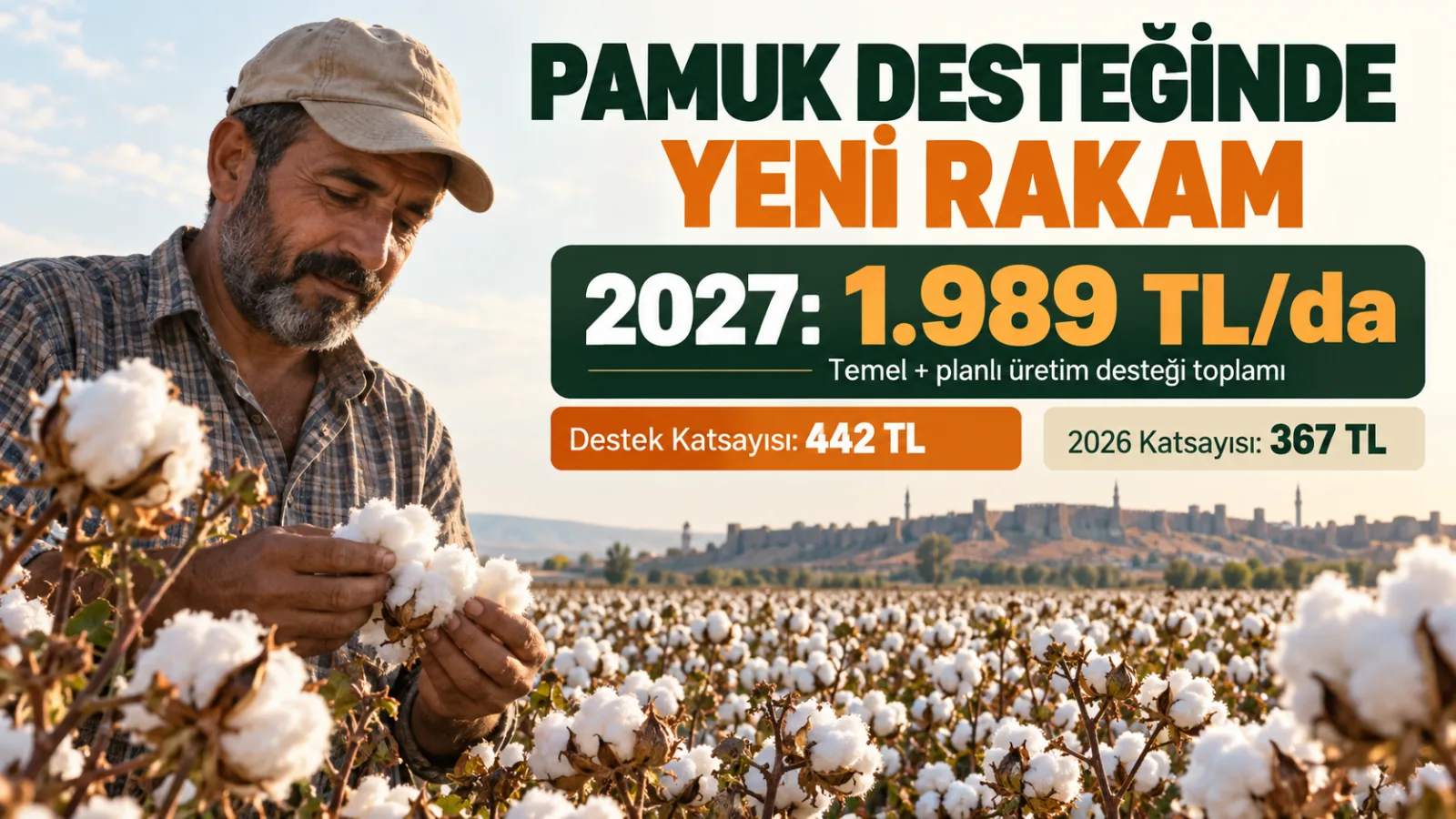 Pamuk tarlasında üretici ve 2027 tarımsal destek düzenlemesini temsil eden tarım görseli.