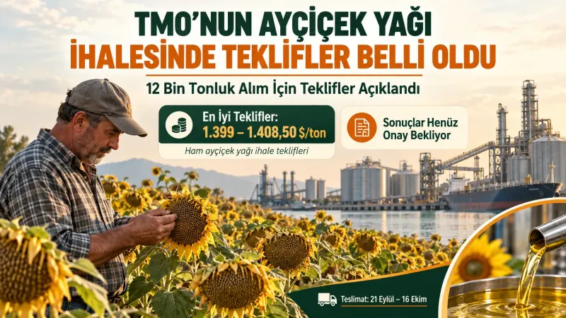 Ayçiçeği tarlası önünde yağlık ayçiçeğini inceleyen üretici ve limandaki yağ depolama tankları.