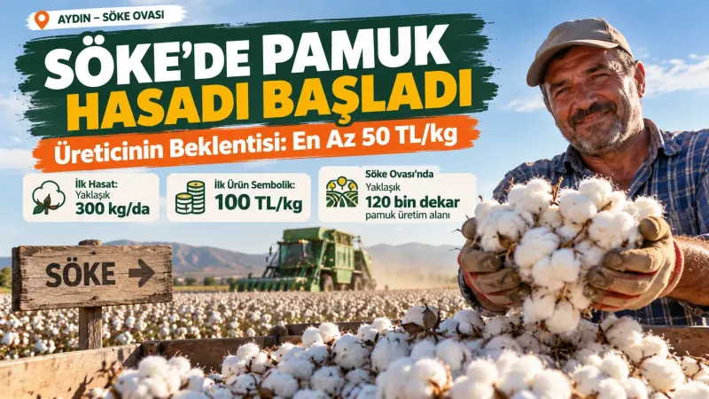 Söke Ovası’nda yeni sezonun ilk kütlü pamuk hasadından görünüm.