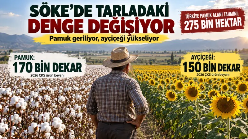 Söke Ovası’nda yan yana uzanan pamuk ve ayçiçeği ekili tarım arazileri.
