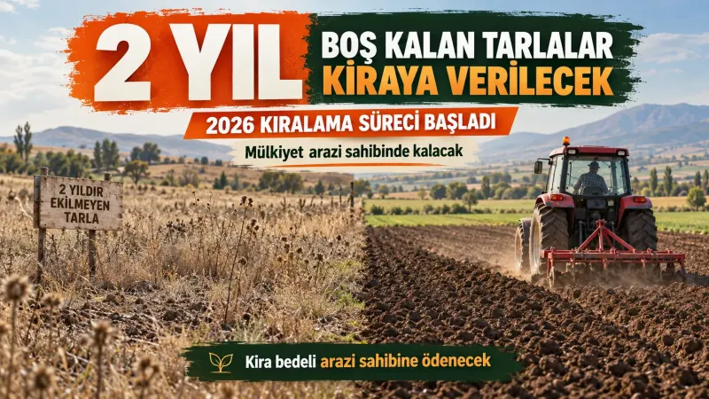 Uzun süredir işlenmeyen tarım arazisi ve yeniden üretime hazırlanan traktörlü tarla.