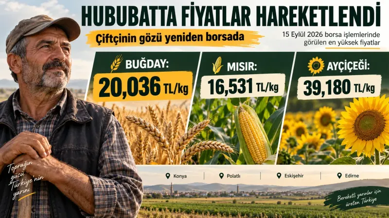 Buğday ve mısır ürünleri önünde güncel borsa fiyatlarını takip eden üretici.
