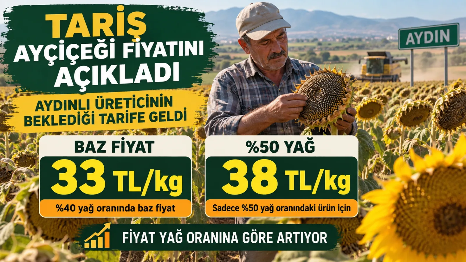 Aydın’da hasada hazır yağlık ayçiçeği tarlasında ürününü kontrol eden çiftçi.