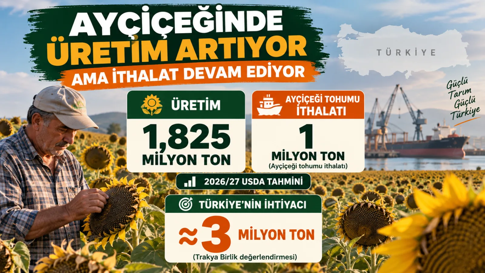 Türkiye’de hasat dönemine gelen geniş bir yağlık ayçiçeği tarlası.