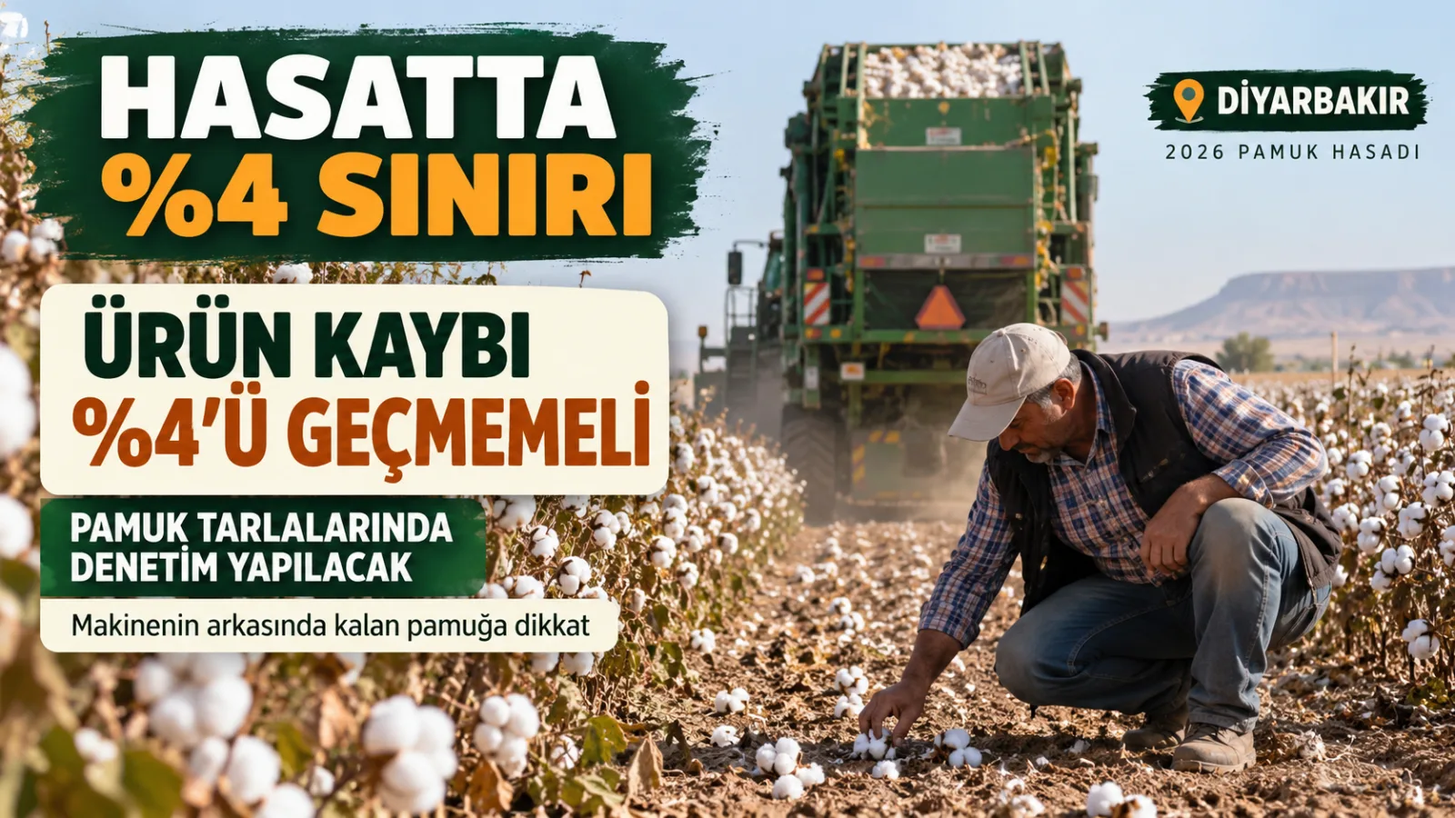 Pamuk tarlasında çalışan toplama makinesi ve hasat kaybını kontrol eden üretici.
