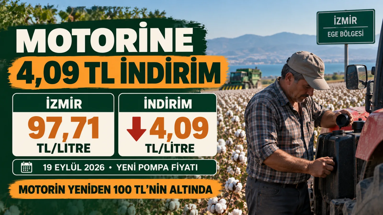 Tarladaki traktörünün yakıt deposunu kontrol eden çiftçi.
