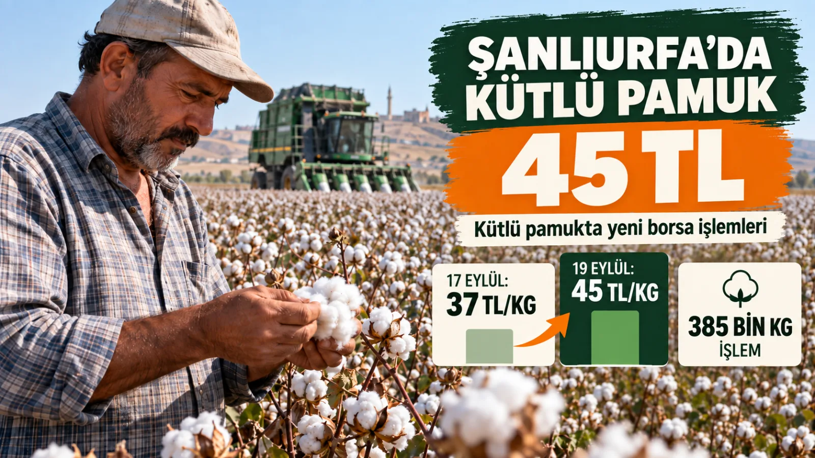 Şanlıurfa’da hasat edilen kütlü pamuğu kontrol eden üretici ve pamuk tarlası.