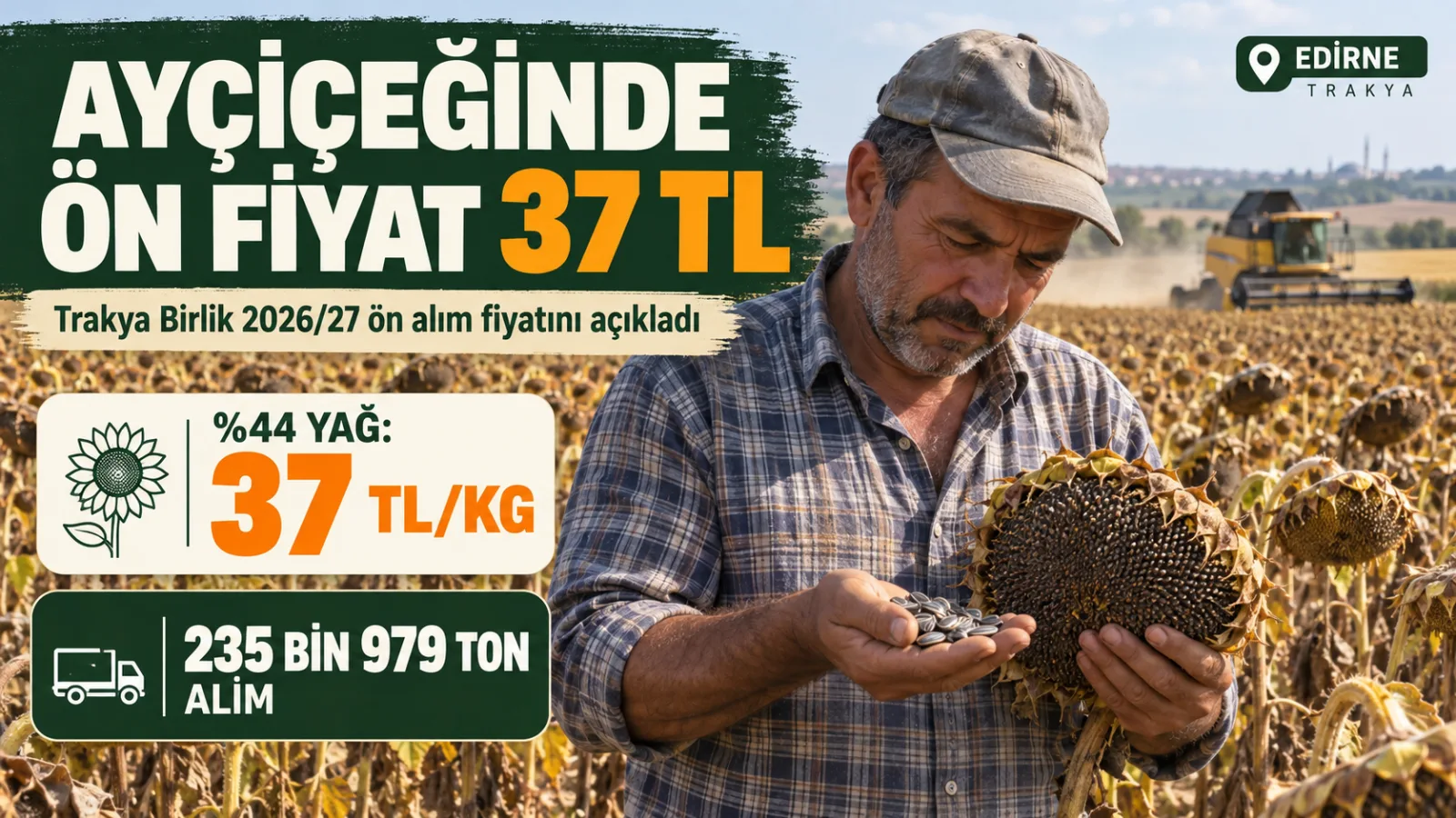 Hasat edilmiş ayçiçeğini kontrol eden Trakyalı üretici ve ayçiçeği tarlası.