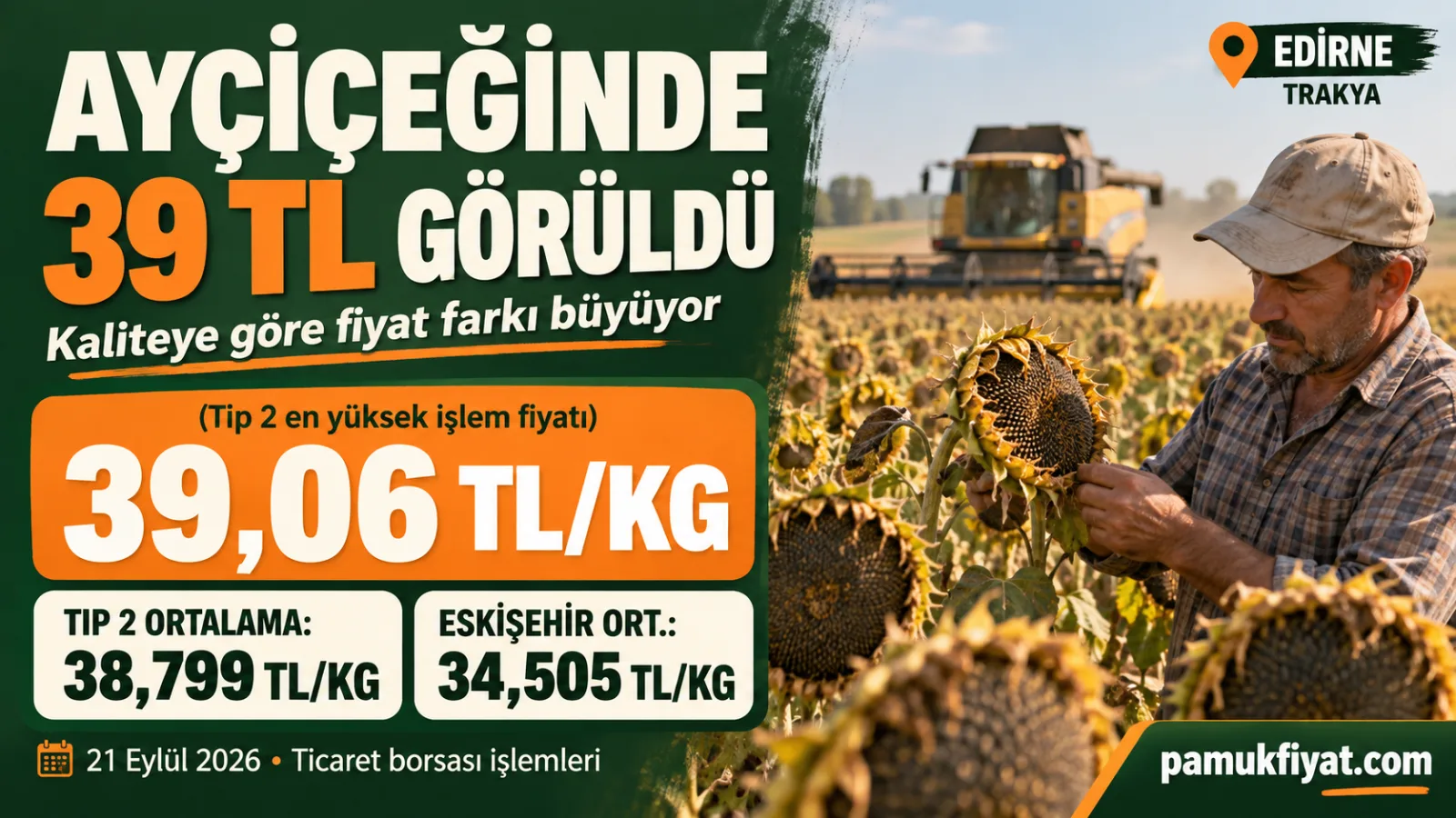 21 Eylül 2026 Edirne ve Eskişehir yağlık ayçiçeği borsa fiyatları