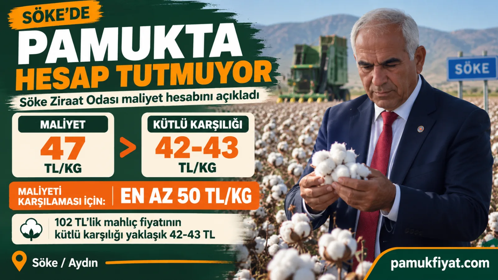 Söke’de pamukta 47 TL maliyete karşılık kütlü karşılığının 42-43 TL olduğu açıklandı