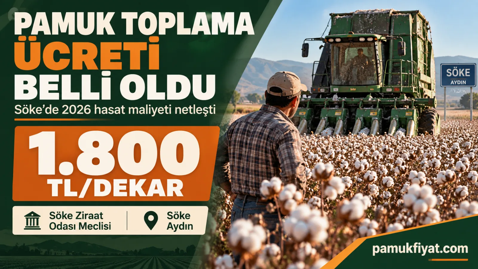 Söke’de 2026 sezonu için pamuk toplama ücreti 1.800 TL/dekar olarak belirlendi.