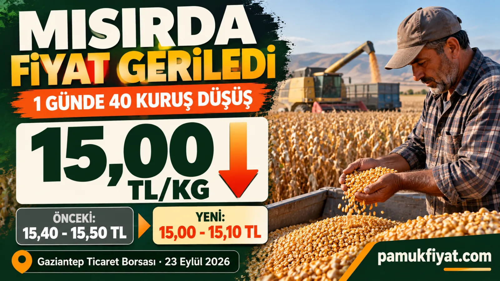 Hasat döneminde mısırını kontrol eden üretici ve 15 TL seviyesine gerileyen borsa fiyatı.
