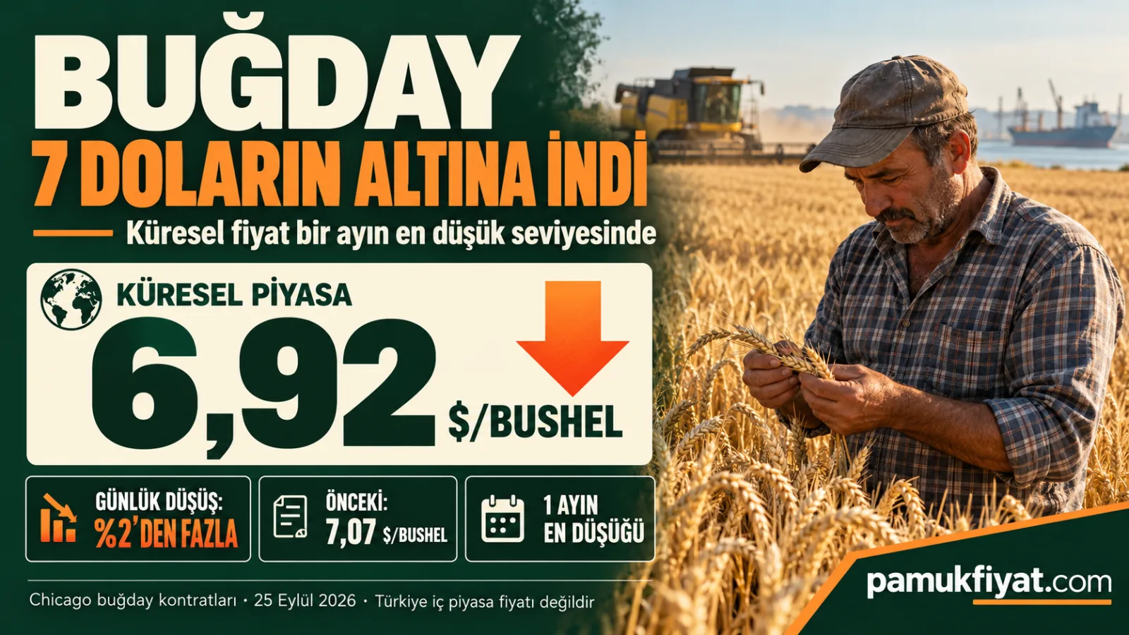 Chicago buğday fiyatı yüzde 2’yi aşan düşüşle 6,92 dolar/bushel seviyesine geriledi.