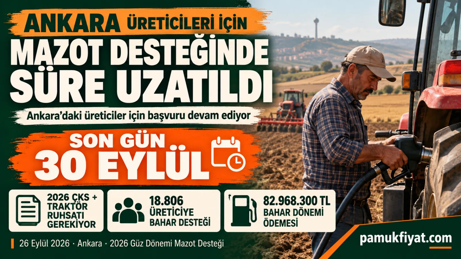 Ankara’da çiftçilerin mazot desteği başvuruları 30 Eylül 2026’ya kadar uzatıldı.