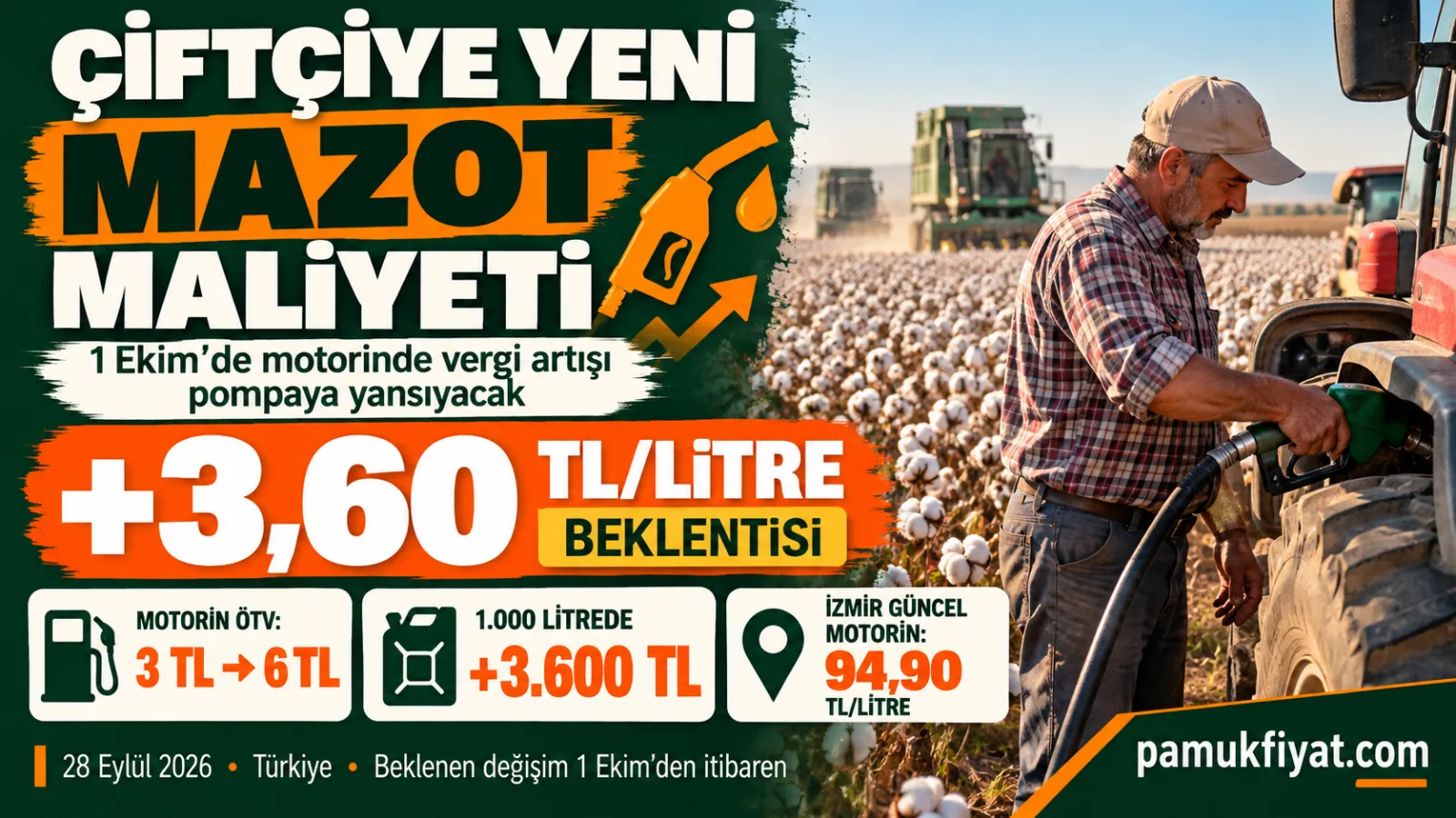 Motorinde 1 Ekim’de 3,60 TL/litre artış bekleniyor; 1.000 litrede fark 3.600 TL.