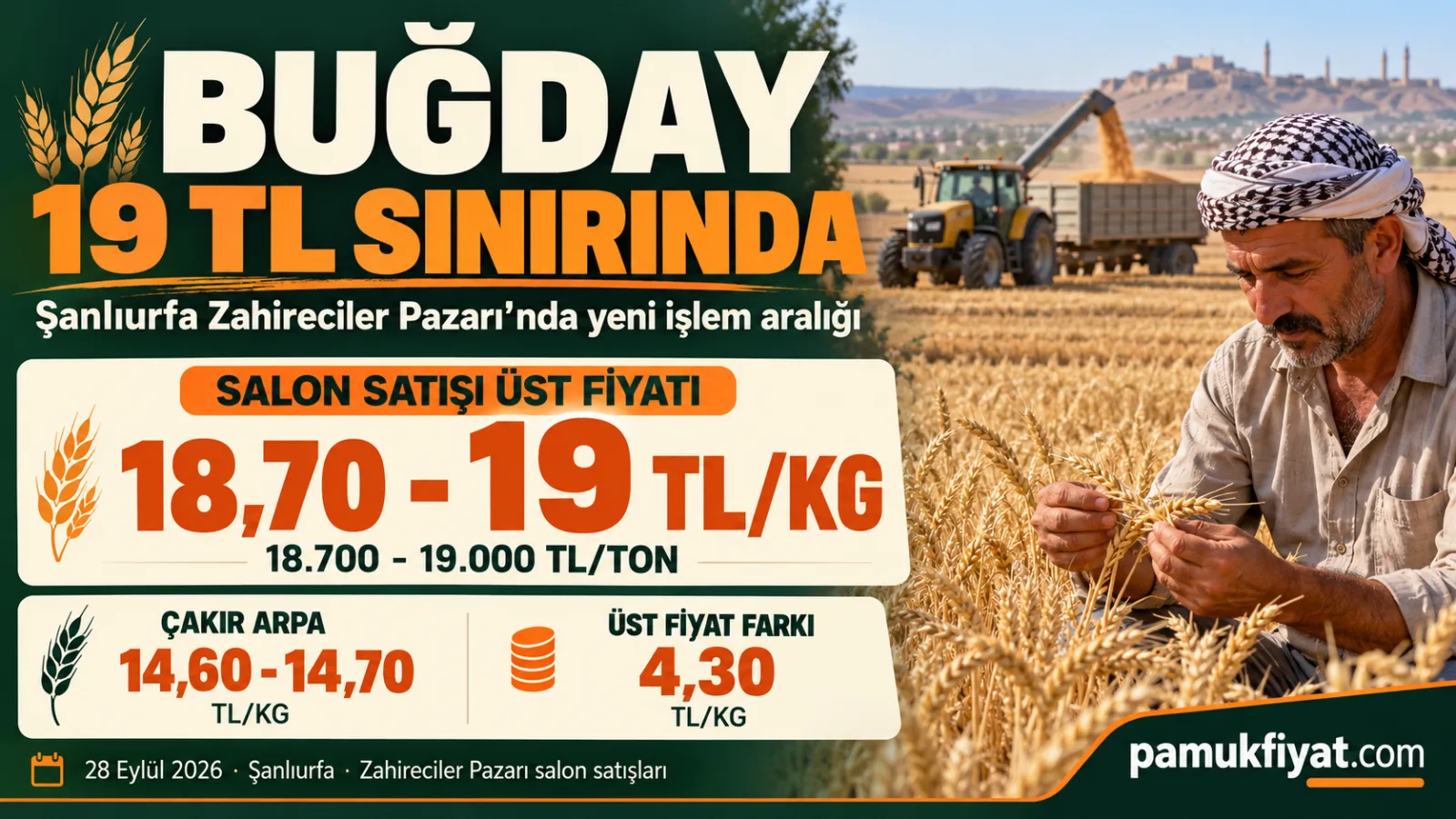 Şanlıurfa’da baklavalık sert buğdayın üst işlem fiyatı 19 TL/kg seviyesine ulaştı.