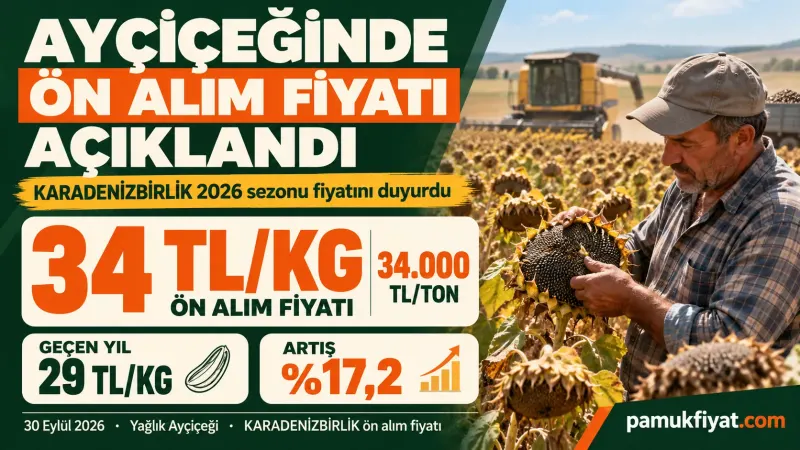 KARADENİZBİRLİK 2026 yağlık ayçiçeği ön alım fiyatını ton başına 34 bin TL olarak belirledi.