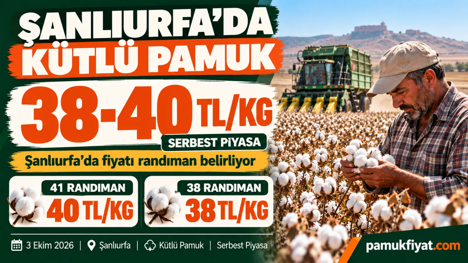 Şanlıurfa’da kütlü pamuk 3 Ekim’de randımana göre 38-40 TL/kg seviyesinde alıcı buldu.