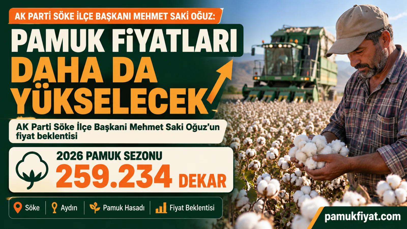 AK Parti Söke İlçe Başkanı Mehmet Saki Oğuz’dan pamuk fiyatlarına ilişkin yükseliş beklentisi.