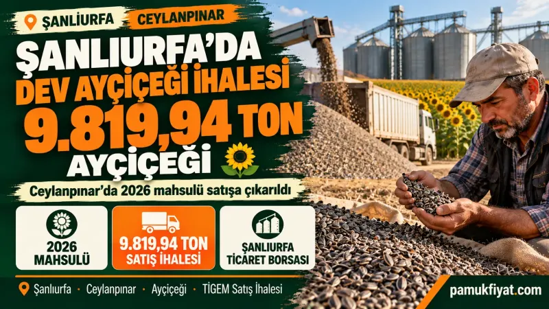 Şanlıurfa Ceylanpınar'da 2026 mahsulü 9.819,94 ton ayçiçeği için TİGEM satış ihalesi.