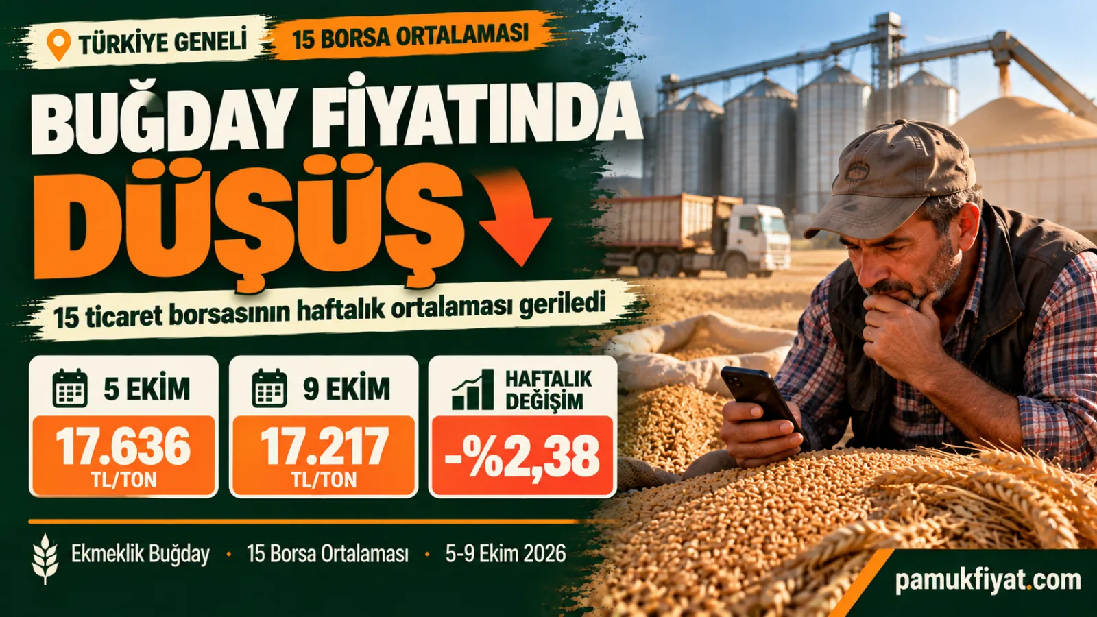 Ekmeklik buğday fiyatı 15 ticaret borsasının ortalamasında 5 günde 419 TL/ton düştü.