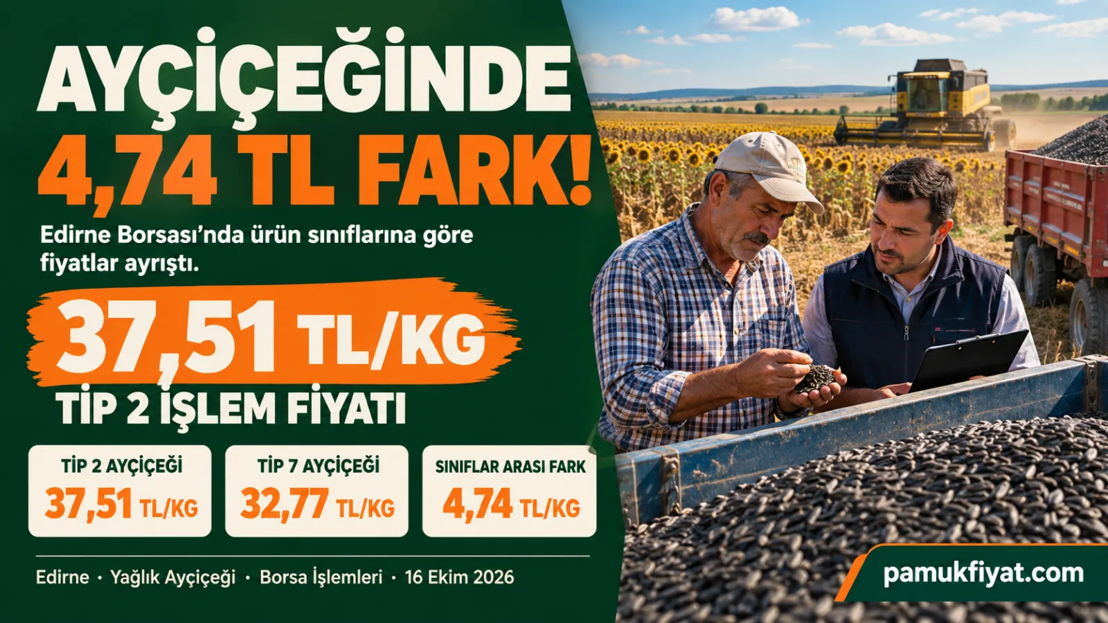 Edirne'de 16 Ekim 2026 yağlık ayçiçeği borsa fiyatları ve ürün sınıflarına göre fiyat farkı.