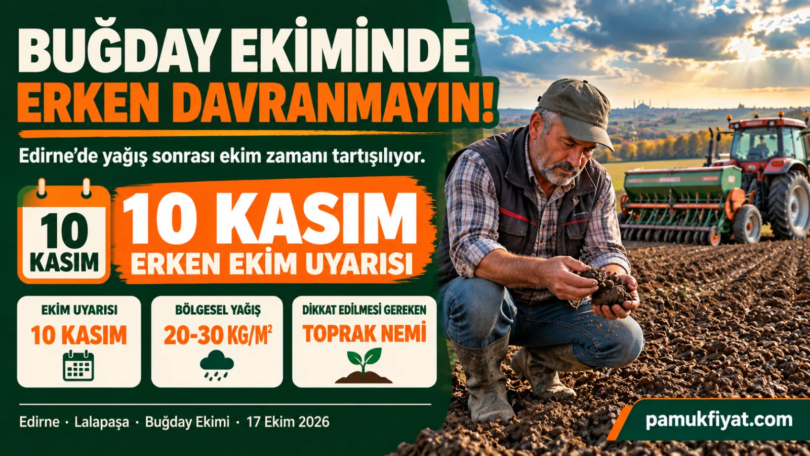 Edirne'de buğday ekimi öncesi yağışlar ve 10 Kasım için yapılan erken ekim uyarısı.