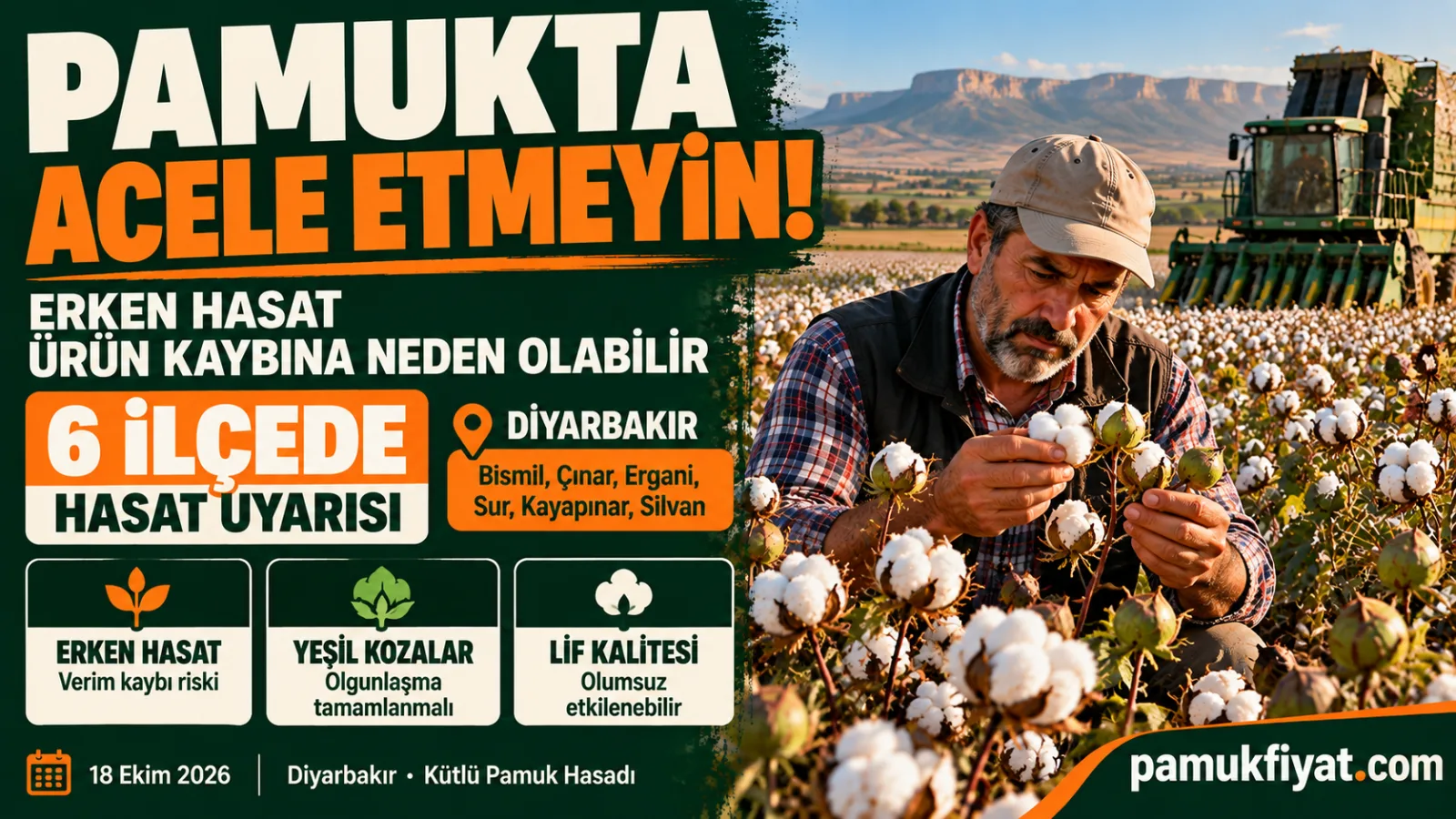 Diyarbakır'da kütlü pamuk hasadı ve olgunlaşmamış kozaların erken toplanmasına ilişkin uyarı.